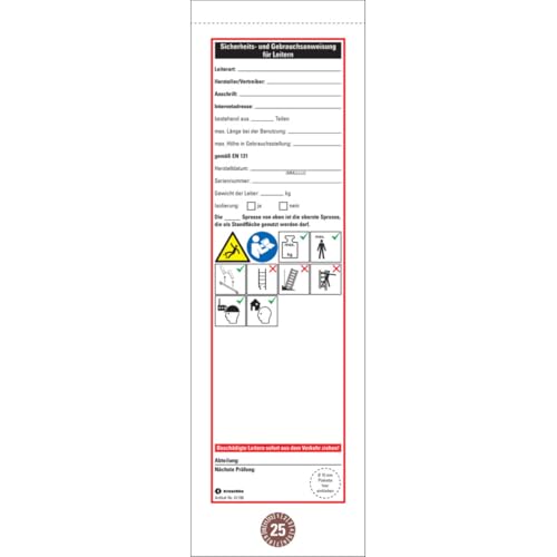 Leiter-Gebrauchsanweisung 2025 inkl. Prüfplakette Ø15 mm, braun, Folie, 10 Heftbögen, Format 75 x 265 mm Leiter-Gebrauchsanweisung 2025 inkl. Prüfplakette Ø15 mm, braun, Folie, 10 Heftbögen, Format 75 x 265 mm von KSIGN