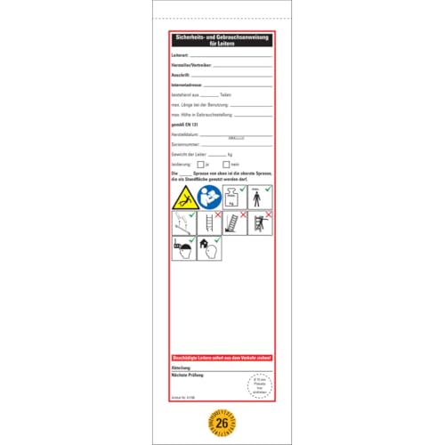 Leiter-Gebrauchsanweisung 2026 inkl. Prüfplakette Ø15 mm, gelb, Folie, 10 Bögen, Format 75 x 265 mm, ablösbar von KSIGN
