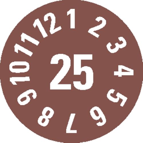 Prüfplakette 2025, braun, Ø8 mm, ablösbare Folie, 180 Stück/Bogen, für Innen- und Außeneinsatz, resistent Prüfplakette 2025, braun, Ø8 mm, ablösbare Folie, 180 Stück/Bogen, für Innen- und Außeneinsatz, resistent von KSIGN