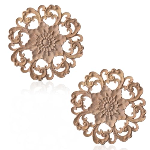 KSJEHW 2 Stücke Holz Geschnitzte Deko Runde Onlay Applikation Unbemalte Holz Skulptur für DIY Basteln Kunst Handwerk Ecke Möbel Couchtisch Tür Dekoration Ornament(Stil 2, 10cm) von KSJEHW