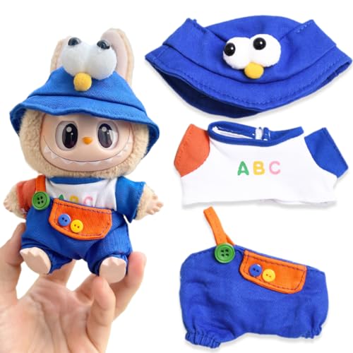 KSOIQPU Kleidung für 17 cm Labubu, Blau Set mit Hut, Oberteil, Hose – Keks und Monster (Keine Puppe) von KSOIQPU