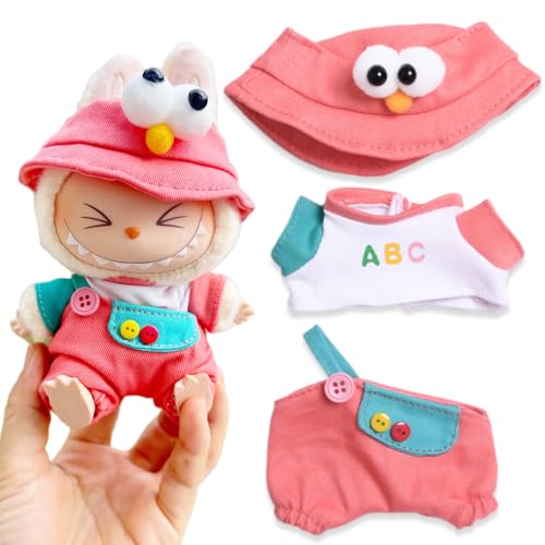 KSOIQPU Kleidung für 17 cm Labubu, Rot Set mit Hut, Oberteil, Hose – Keks und Monster (Keine Puppe) von KSOIQPU