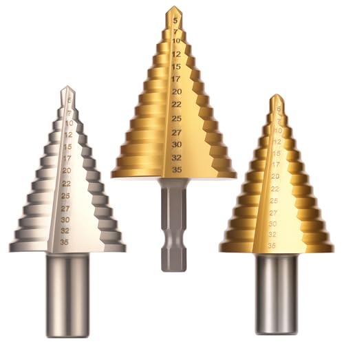 2 Stück HSS Stufenbohrer Set Ultra Härte Verschleißfestigkeit Präzise Titan-beschichtet 13/6.35mm Kegelbohrer mit 13 Stufen von 5–35 mm Schälbohrer für Baustahl für Baustahl Eisen NE Metall Holz Kuns 2 Stück HSS Stufenbohrer Set Ultra Härte Verschleißfestigkeit Präzise Titan-beschichtet 13/6.35mm Kegelbohrer mit 13 Stufen von 5–35 mm Schälbohrer für Baustahl für Baustahl Eisen NE Metall Holz Kuns von KTCINA