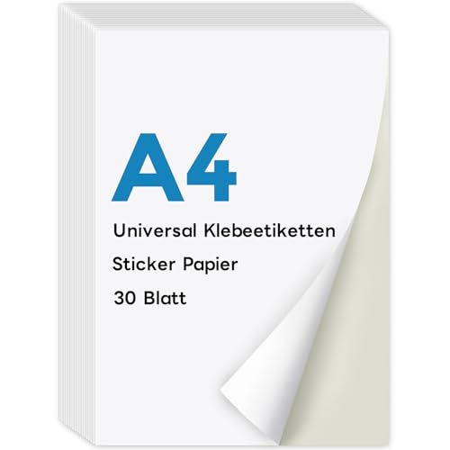 KTRIO A4 Sticker Papier zum Bedrucken 30 Blatt, Stickerpapier zum Selbstklebende Etikettenpapier Super selbstklebend, Bedrucken Sie Ihre Eigenen, Aufkleber für Laser und Tintenstrahldrucker von KTRIO