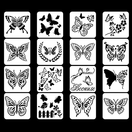 16 Stück Für PET Malschablonen Wiederverwendbar Ausgehöhlte Zeichenvorlagen Zum Basteln Kunst Zeichnen Painti Schmetterlingsschablonen Zum Malen Auf Leinwand Holz 15 2 X 15 2 Cm von KUAIYIJU