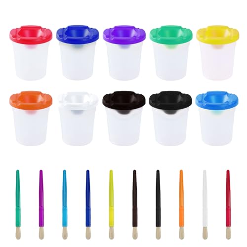 KUAOOAUK 10 Stück Pinselbecher mit Deckel, Wasserbecher für Pinsel Kinder mit 10 Stück Painting Pinsel, Auslaufsicher Plastikfarbe Farbbecher Set für Supplies Art Schule (10 Farben) von KUAOOAUK