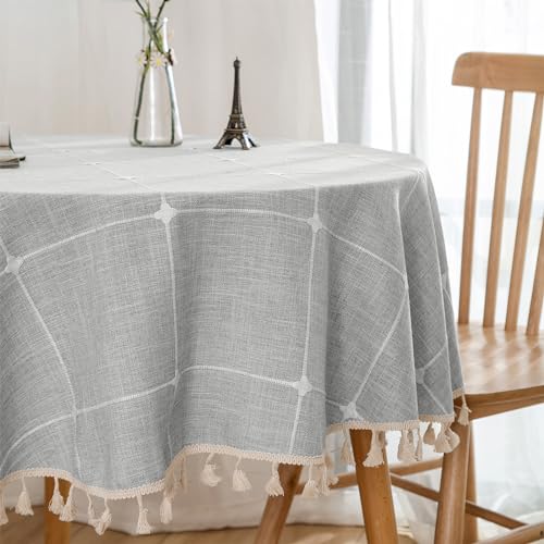 KUAOOAUK Round Tablecloth, Tassel Table Cloth, Wrinkle Free Washable Table Cover for Kitchen Dinning Party Camping Holiday Rustic Farmhouse Outdoor(Grey Grid, Round 140cm) von KUAOOAUK