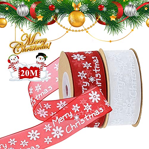 Organzaband Geschenkband Weihnachten, 2 Rollen Weihnachten Geschenkbänder Schleifenband Schneeflocke Dekoband, Rot Weiß Weihnachtsbänder Chiffonband Organza Band für Geschenk, Basteln, Weihnachtsbaum von KUAOWT