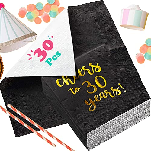 Servietten Geburtstag 30, 30 Stück Schwarz Goldfolien Cheers to 30 Years Papierservietten Cocktailservietten, Party Serviette Papier 3-lagig für Kinder Erwachsene Geburtstag Tischdeko - 25,4 x 25,4 cm von KUAOWT