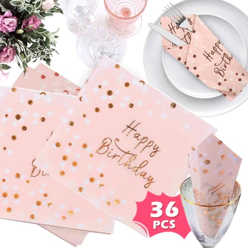 Servietten Geburtstag Rosa, 36 Stück Happy Birthday Servietten Rosegold Geburtstagsservietten Papier 33 x 33 cm, 3-lagig Papierservietten für Kinder Mädchen Junge Frau Mann Geburtstag Tischdeko von KUAOWT