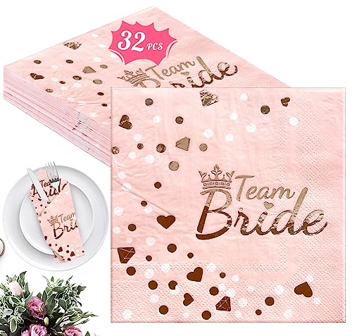 Servietten Team Bride, 32 Stück Rosegold Papierservietten 3-lagig JGA Cocktailservietten, Rosa Gold Team Braut Serviette Papier Set für Mädchen Frauen Hochzeit Abschieds-Junggesellenparty Tischdeko von KUAOWT