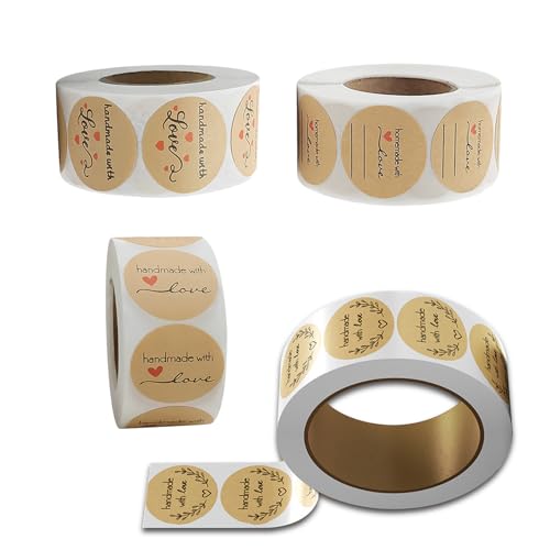 KUBDPQOR 4-Rollen Handmade Aufkleber, 2000 Stück Kraft Etiketten Aufkleber, 2.5cm Runder Aufkleber, Handmade mit Liebe Aufkleber, Backen-Etikett, für Flasche Handwerk Geschenkverpackung KUBDPQOR 4-Rollen Handmade Aufkleber, 2000 Stück Kraft Etiketten Aufkleber, 2.5cm Runder Aufkleber, Handmade mit Liebe Aufkleber, Backen-Etikett, für Flasche Handwerk Geschenkverpackung von KUBDPQOR