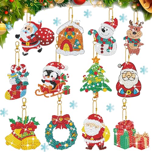 12PCS Diamond Painting Anhänger Weihnachten Diamanten Painting Schlüsselanhänger DIY Set,5D Doppelseitig Diamant Painting Schlüsselbund,Kreativ Set für Kinder Erwachsene Basteln Weihnachtsbaum Deko von KUBFDL