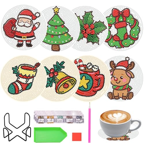 8 Stück Diamond Painting Untersetzer Weihnachten DIY Set für Kinder Erwachsene Basteln,Weihnachten Geschenk,Weihnachtsdeko Tisch fur Tassen,Vasen,Kerzen von KUBFDL