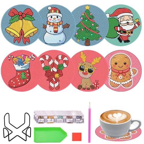 8 Stück Diamond Painting Untersetzer Weihnachten DIY Set für Kinder Erwachsene Basteln,Weihnachten Geschenk,Weihnachtsdeko Tisch fur Tassen,Vasen,Kerzen von KUBFDL