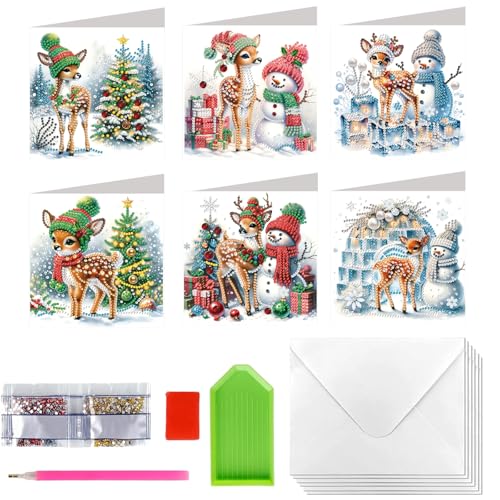 Diamond Painting Weihnachts Karten 6 Stück Diamond Painting Weihnachtskarte mit Blanko Umschlag,5D DIY Diamant Malerei Grußkarten,Christmas Cards,Weihnachtsgeschenke für Freunde und Familie von KUBFDL