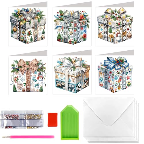 Diamond Painting Weihnachts Karten 6 Stück Diamond Painting Weihnachtskarte mit Blanko Umschlag,5D DIY Diamant Malerei Grußkarten,Christmas Cards,Weihnachtsgeschenke für Freunde und Familie von KUBFDL