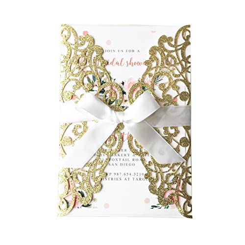 KUCHYNEE 20PCS Hochzeitseinladungskarten mit Elfenbeinbändern und Umschlägen für Einladung Hochzeits -Verlobungs-Geburtstags-Abschluss-Einladungen (Gold Glitter) von KUCHYNEE