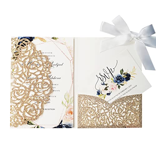 KUCHYNEE 3 Falten Hochzeitseinladungskarten Set mit Elfenbeinbändern 20 Stück für Brautduschen-Verlobungskarten Blankoeinsatz und Umschläge (Gold Glitter) von KUCHYNEE