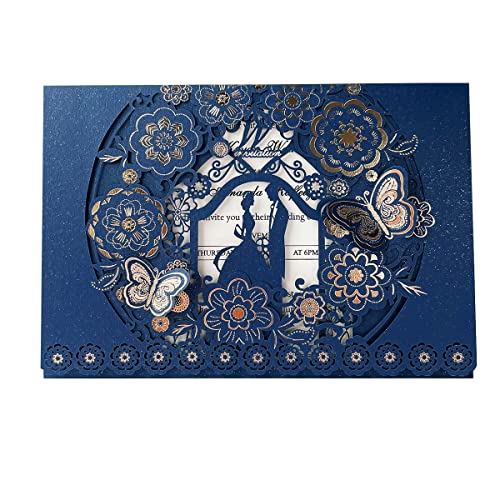 KUCHYNEE 20 Stück Navy Blau Hochzeitseinladungskarten mit Lasergeschnittene Schmetterling Braut und Bräutigam Einladungskarte für Hochzeiten inkl Umschläge von KUCHYNEE