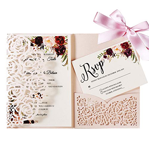 KUCHYNEE Hochzeitseinladungskarten Mit Umschlägen -20 Stück Lasercut Spitze Tri-Fold Seidenband Brautpartys Hochzeiten Einladungskarten inkl Umschläge (Erröten Rosa) von KUCHYNEE