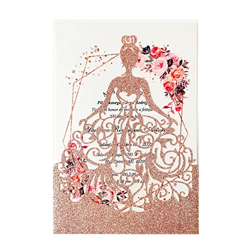 KUCHYNEE Quinceanera Einladungs-Set, 13 x 18,5 cm, 50 Stück, rotgoldener Glitzer, Quinceanera-Einladungs-Set, lasergeschnitten, hohl, Mädchen, Prinzessin, Tasche mit Umschlägen, Einladungen für von KUCHYNEE