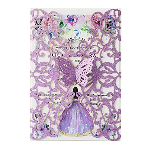 KUCHYNEE Quinceanera-Einladungs-Set, 13 x 18 cm, violetter Glitzer, lasergeschnitten, mit Blumenmuster, Schmetterlings-Einladungen für Quincenera-Hochzeitseinladungen (violetter Glitzer) von KUCHYNEE