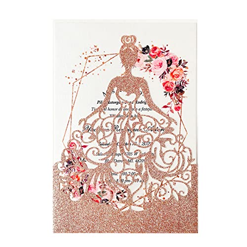 KUCHYNEE Quinceanera Einladungs-Set, lasergeschnitten, für Mädchen, Prinzessinnen-Tasche mit Umschlägen, Quinceanera-Einladungen, 12,7 x 18,5 cm, 50 Stück von KUCHYNEE