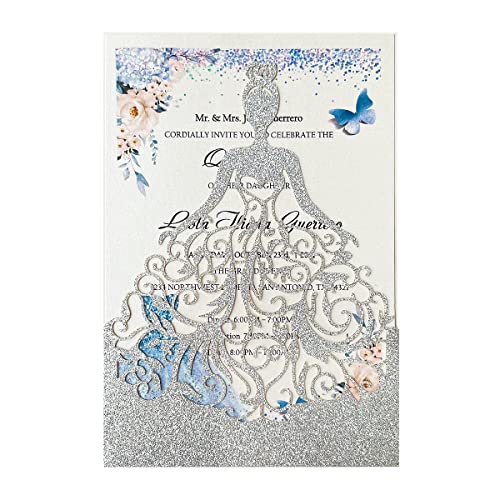 KUCHYNEE 20 Stück Silber Glitter Jugendweihe Einladungskarten Mädchen mit Umschlägen für Quinceanera Brautduschen Geburtstag Abschlussfeier von KUCHYNEE