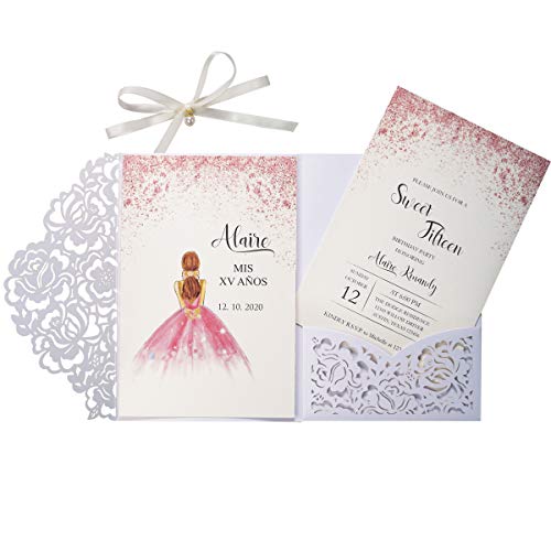 KUCHYNEE 20x Weiße Hochzeitseinladungskarten mit Perle lasergeschnittenem Flora und Umschlägen für Brautduschen Verlobungs Geburtstags Abschluss (20 Stück) von KUCHYNEE