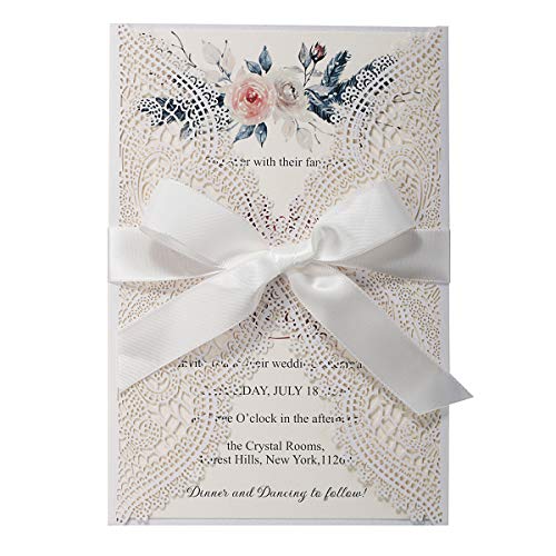 Weiße lasergeschnittene hohle Spitzen Einladungskarten mit Umschlägen - Elegante Hochzeitseinladung für Brautduschen Brautparty Geburtstagseinladungen, 20 Stück von KUCHYNEE