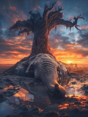 5D Diamond Painting Elefant, Sonnenuntergang Diamond Painting Erwachsene, DIY Vollbohrer Diamanten Malerei Stickerei Kreuzstich Set, Mosaikherstellung Kunst für Deko Wohnzimmer 40X50cm 7-5653 von KUEAJIOU