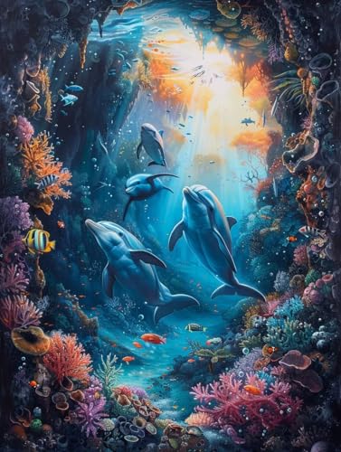 5D Diamond Painting Erwachsene Delphin, Fisch Diamant Painting Bilder, DIY Vollbohrer Diamanten Malerei Stickerei Kreuzstich, Als Geschenke, Zur Entspannung und Als Deko Wohnzimmer 60X80cm M-4928 von KUEAJIOU