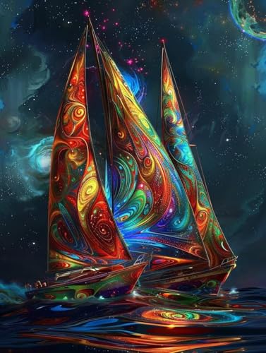 5D Diamond Painting Erwachsene Segelboot, Sternenhimmel Diamant Painting Bilder, DIY Vollbohrer Diamanten Malerei Stickerei Kreuzstich, Als Geschenke für Frauen, Deko Wohnzimmer 60X80cm A-6625 von KUEAJIOU