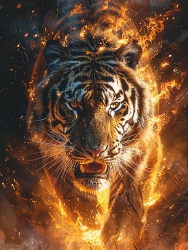 5D Diamond Painting Erwachsene Tiger, Flamme Diamant Painting Bilder, DIY Vollbohrer Diamanten Malerei Stickerei Kreuzstich, Als Geschenke, Zur Entspannung und Als Deko Wohnzimmer 100x135cm V-1096 von KUEAJIOU