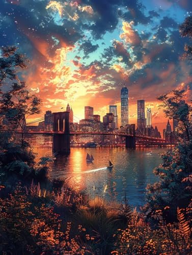 5D Diamond Painting Sonnenuntergang, Stadt Diamond Painting Erwachsene, DIY Vollbohrer Diamanten Malerei Stickerei Kreuzstich Set, Mosaikherstellung Kunst für Deko Wohnzimmer, Geschenke 30x40cm A-8762 von KUEAJIOU