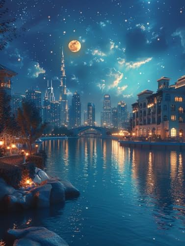5D Diamond Painting Stadt, Mond Diamond Painting Erwachsene, DIY Vollbohrer Diamanten Malerei Stickerei Kreuzstich Set, Mosaikherstellung Kunst für Deko Wohnzimmer, Geschenke für Frauen 40X50cm V-8596 5D Diamond Painting Stadt, Mond Diamond Painting Erwachsene, DIY Vollbohrer Diamanten Malerei Stickerei Kreuzstich Set, Mosaikherstellung Kunst für Deko Wohnzimmer, Geschenke für Frauen 40X50cm V-8596 von KUEAJIOU