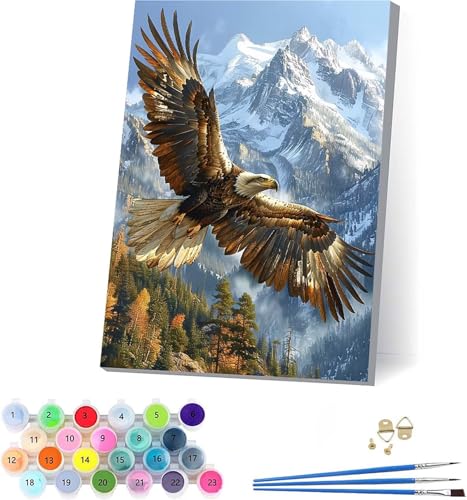 Adler Malen Nach Zahlen Erwachsene Mit Rahmen, Malen Nach Zahlen Berg, DIY Set Erwachsene Mit 3 Pinseln und Acrylfarbe Knitterfreie Leinwand, Paint by Numbers für Deko Wohnzimmer 70x95cm Z-4687 von KUEAJIOU