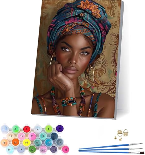 Afrikanische Frau Malen Nach Zahlen Erwachsene Mit Rahmen, Malen Nach Zahlen Niedlich, DIY Set Erwachsene Mit 3 Pinseln und Acrylfarbe Knitterfreie Leinwand, Deko Wohnzimmer und Wanddeko 70x95cm X-602 von KUEAJIOU
