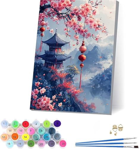 Architektur Malen Nach Zahlen Erwachsene Mit Rahmen, Malen Nach Zahlen Blume, DIY Set Erwachsene Mit 3 Pinseln und Acrylfarbe Knitterfreie Leinwand, Paint by Numbers für Deko Wohnzimmer 70x95cm 0-9734 von KUEAJIOU