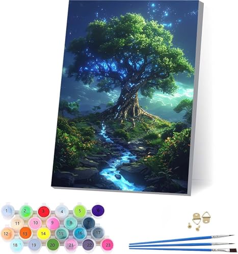 Baum Des Lebens Malen Nach Zahlen Erwachsene Mit Rahmen, Malen Nach Zahlen Sternenhimmel, DIY Set Erwachsene Mit 3 Pinseln und Acrylfarbe Knitterfreie Leinwand, Deko Wohnzimmer 40x50cm S-2119 von KUEAJIOU