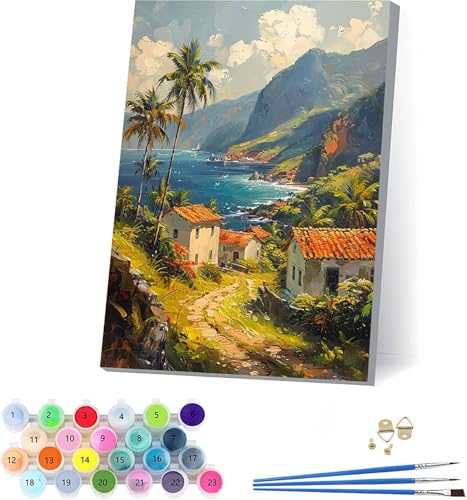 Baum Malen Nach Zahlen Erwachsene Mit Rahmen, Malen Nach Zahlen HäUser, DIY Set Erwachsene Mit 3 Pinseln und Acrylfarbe, Paint by Numbers für Deko Wohnzimmer, Geschenke für Frauen 40x50cm A-8888 von KUEAJIOU