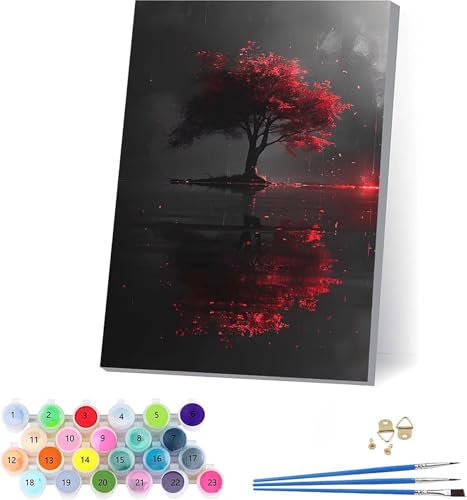 Baum Malen Nach Zahlen Erwachsene Mit Rahmen, Malen Nach Zahlen Landschaft, DIY Set Erwachsene Mit 3 Pinseln und Acrylfarbe, Paint by Numbers für Deko Wohnzimmer, Geschenke für Frauen 30x40cm M-8510 von KUEAJIOU