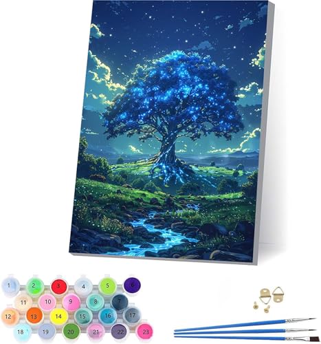 Baum Malen Nach Zahlen Erwachsene Mit Rahmen, Malen Nach Zahlen Landschaft, DIY Set Erwachsene Mit 3 Pinseln und Acrylfarbe Knitterfreie Leinwand, Paint by Numbers für Deko Wohnzimmer 40x50cm K-7020 von KUEAJIOU