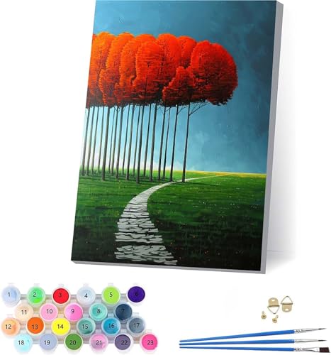 Baum Malen Nach Zahlen Erwachsene Mit Rahmen, Malen Nach Zahlen Landschaft, DIY Set Erwachsene Mit 3 Pinseln und Acrylfarbe Knitterfreie Leinwand, Paint by Numbers für Deko Wohnzimmer 70x95cm 4-5609 von KUEAJIOU