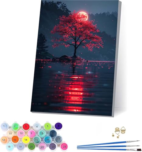 Baum Malen Nach Zahlen Erwachsene Mit Rahmen, Malen Nach Zahlen Mond, DIY Set Erwachsene Mit 3 Pinseln und Acrylfarbe, Paint by Numbers für Deko Wohnzimmer, Geschenke für Frauen 30x40cm 3-6630 von KUEAJIOU