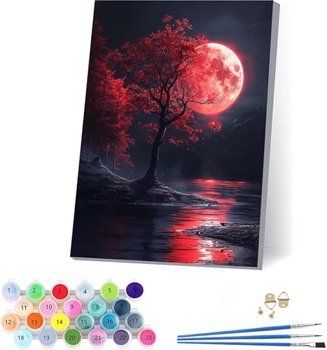Baum Malen Nach Zahlen Erwachsene Mit Rahmen, Malen Nach Zahlen Mond, DIY Set Erwachsene Mit 3 Pinseln und Acrylfarbe, Paint by Numbers für Deko Wohnzimmer, Geschenke für Frauen 50x65cm 4-9168 von KUEAJIOU