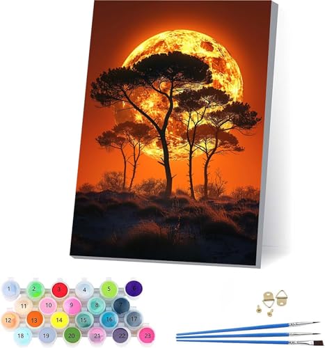 Baum Malen Nach Zahlen Erwachsene Mit Rahmen, Malen Nach Zahlen Mond, DIY Set Erwachsene Mit 3 Pinseln und Acrylfarbe, Paint by Numbers für Deko Wohnzimmer, Geschenke für Frauen 70x95cm A-1663 von KUEAJIOU