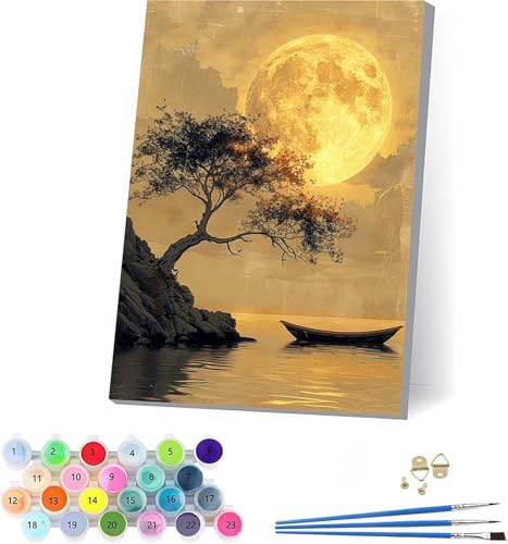Baum Malen Nach Zahlen Erwachsene Mit Rahmen, Malen Nach Zahlen Mond, DIY Set Erwachsene Mit 3 Pinseln und Acrylfarbe, Paint by Numbers für Deko Wohnzimmer, Geschenke für Frauen 70x95cm D-9480 von KUEAJIOU