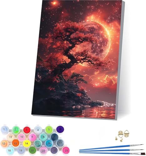 Baum Malen Nach Zahlen Erwachsene Mit Rahmen, Malen Nach Zahlen Sternenhimmel, DIY Set Erwachsene Mit 3 Pinseln und Acrylfarbe, Deko Wohnzimmer und Wanddeko, Geschenke für Frauen 30x40cm 4-5201 von KUEAJIOU